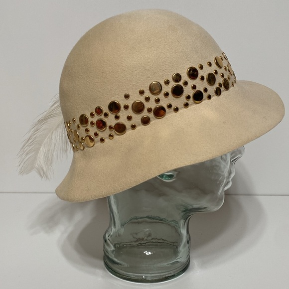Vintage Adolfo II Gold Studded Wool Hat with Feather - Picture 3 of 15